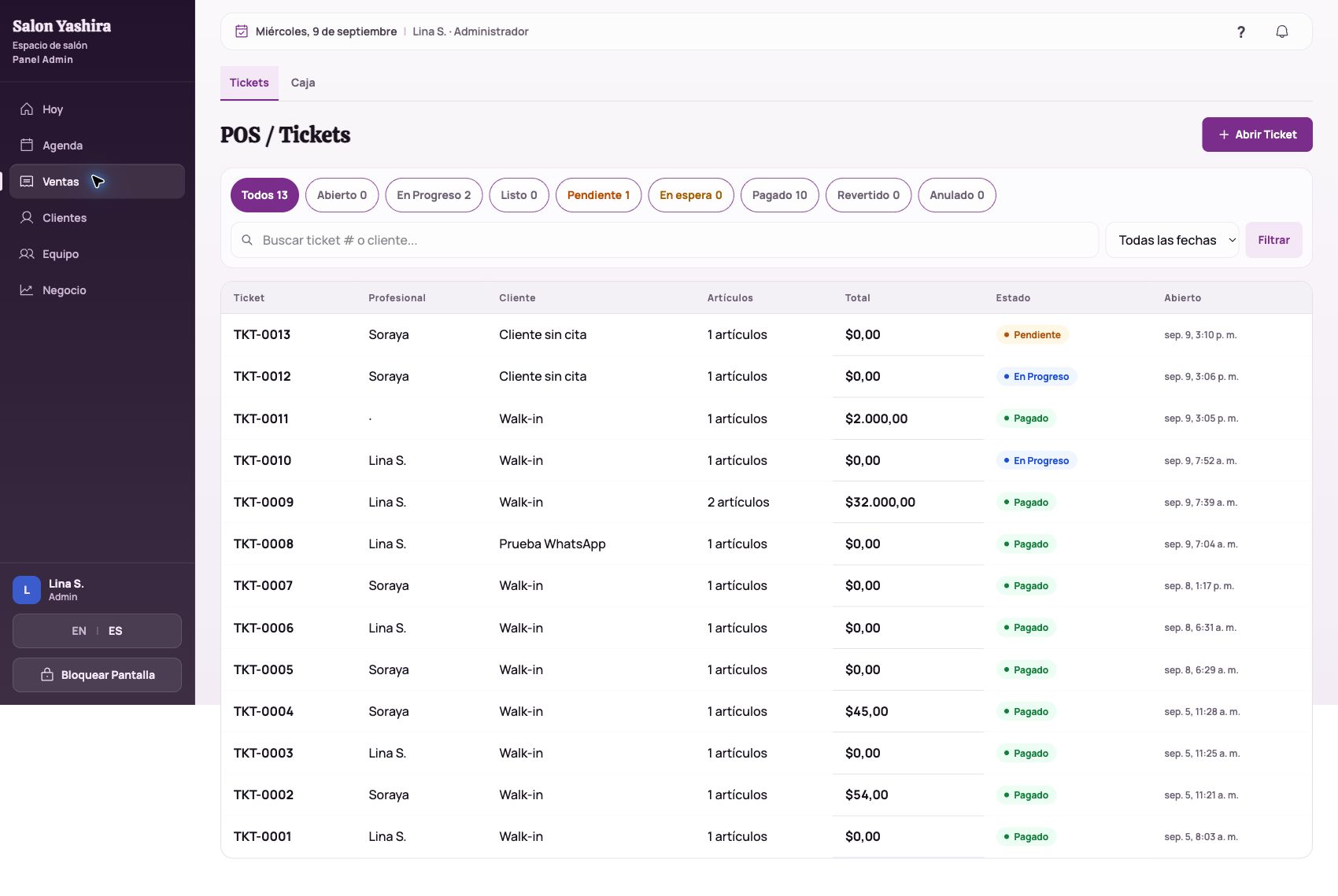 Pantalla POS con la lista de tickets y sus estados